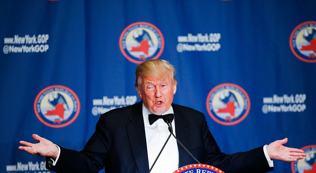 NEW YORK, NY - APRIL 14: Republican presidential candidate Donald Trump speaks during the 2016 annual New York State Republican Gala on April 14, 2016 in New York City. Donald Trump, Senator Ted Cruz of Texas and Gov. John R. Kasich of Ohio take part in a fund-raiser for the state Republican Party, being the first time they are seen together since they decided to abandon the so-called loyalty pledge they signed last year to support whoever becomes the party nominee. (Photo by Eduardo Munoz Alvarez/Getty Images)