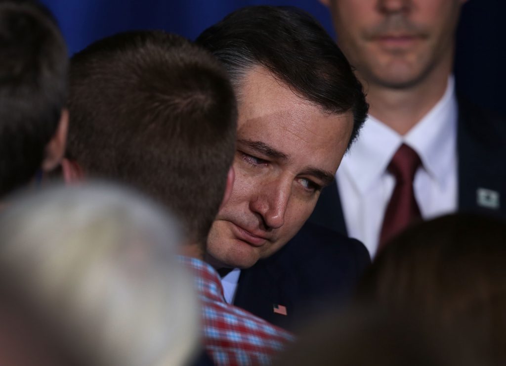 INDIANAPOLIS, IN - MAY 03: Republican presidential candidate, Sen. Ted Cruz (R-TX) hugs a supporter after announcing the suspension of his campaign during an election night watch party at the Crowne Plaza Downtown Union Station on May 3, 2016 in Indianapolis, Indiana. Cruz lost the Indiana primary to Republican rival Donald Trump. (Photo by Joe Raedle/Getty Images)