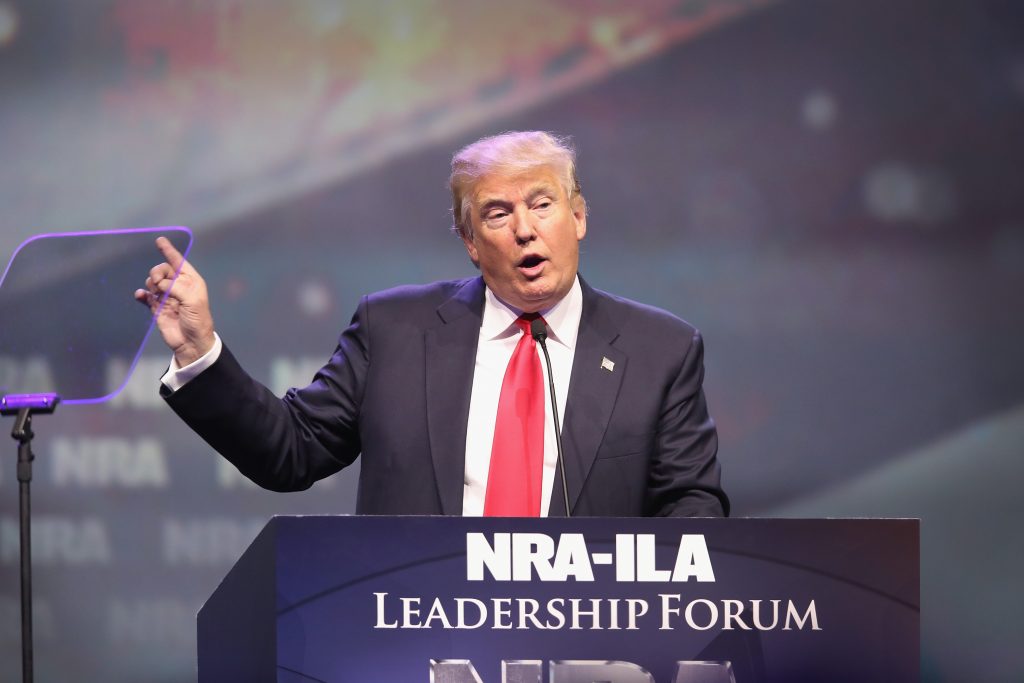 LOUISVILLE, KY - MAY 20: Republican presidential candidate Donald Trump speaks at the National Rifle Association's NRA-ILA Leadership Forum during the NRA Convention at the Kentucky Exposition Center on May 20, 2016 in Louisville, Kentucky. The NRA endorsed Trump at the convention. The convention runs May 22. (Photo by Scott Olson/Getty Images)