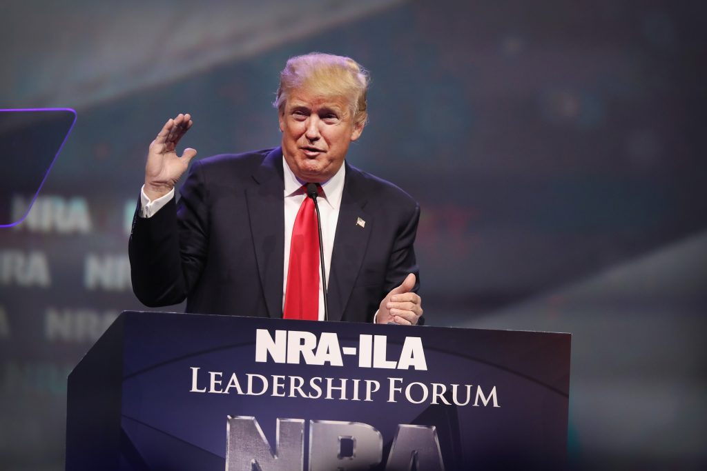 LOUISVILLE, KY - MAY 20: Republican presidential candidate Donald Trump speaks at the National Rifle Association's NRA-ILA Leadership Forum during the NRA Convention at the Kentucky Exposition Center on May 20, 2016 in Louisville, Kentucky. The NRA endorsed Trump at the convention. The convention runs May 22. (Photo by Scott Olson/Getty Images)