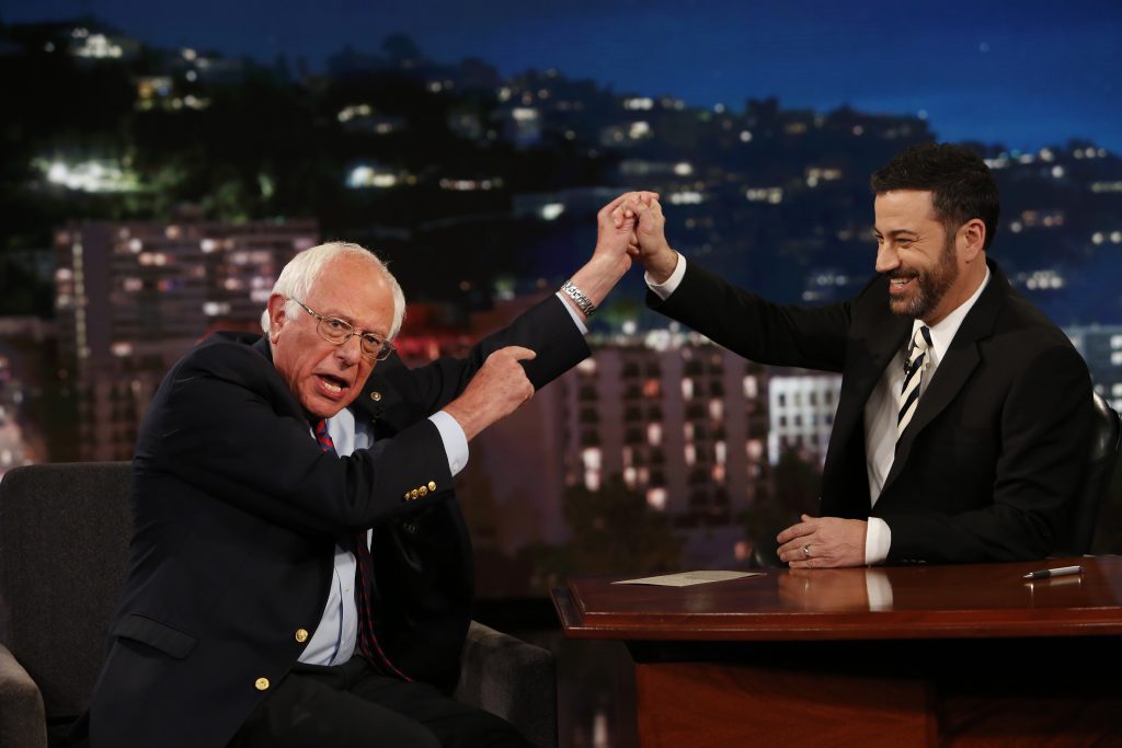 JIMMY KIMMEL LIVE - "Jimmy Kimmel Live" airs every weeknight at 11:35 p.m. EST and features a diverse lineup of guests that include celebrities, athletes, musical acts, comedians and human interest subjects, along with comedy bits and a house band. The guests for Thursday, May 26 included Democratic Presidential candidate Bernie Sanders, Kyle Chandler ("Bloodline") and chefs Frank Falcinelli and Frank Castronovo. (Photo by Randy Holmes/ABC via Getty Images) BERNIE SANDERS, JIMMY KIMMEL