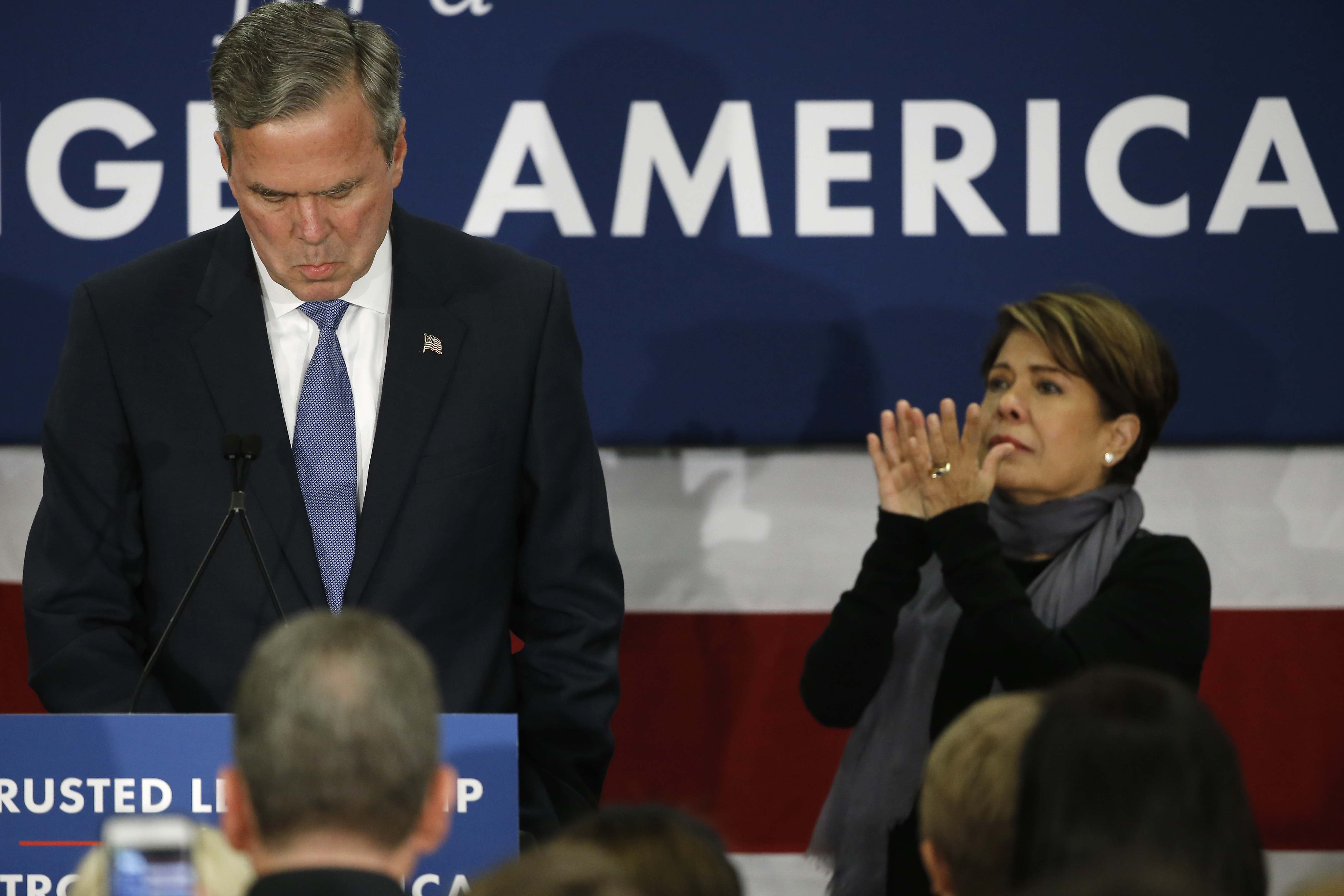 Republican presidential candidate, former Florida Gov. Jeb Bush accompanied by his wife Columba, speaks at his South Carolina Republican presidential primary rally in Columbia, S.C., Saturday, Feb. 20, 2016, (AP Photo/Matt Rourke)